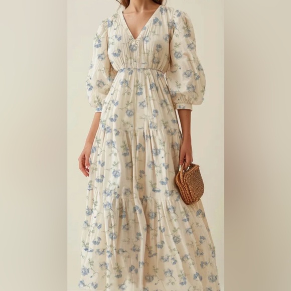 Women's White Floral V-Neck Tiered Maxi Dress #130 - Picture 8 of 10